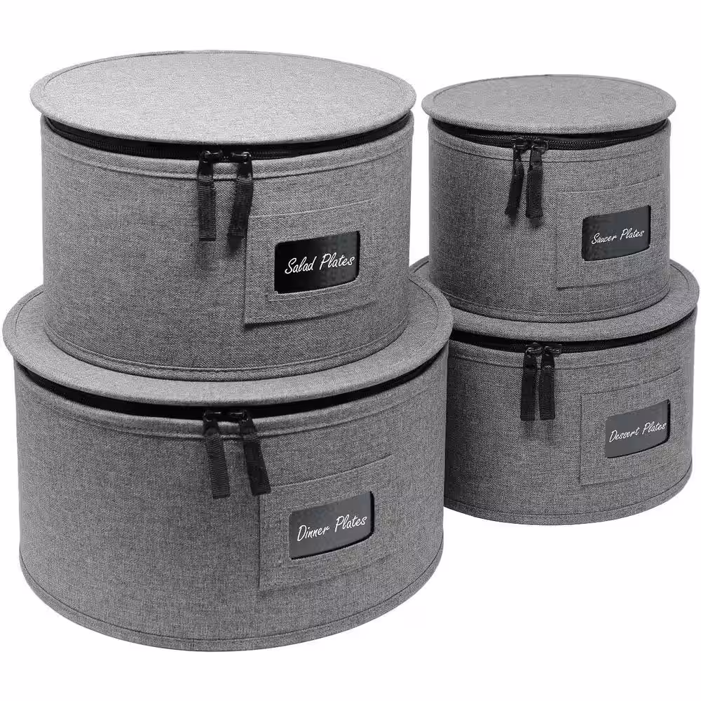 Sorbus Cup and Plate Storage Organizer Gray Polyester Dinnerware Storage with Zip lock lid 4 Pack