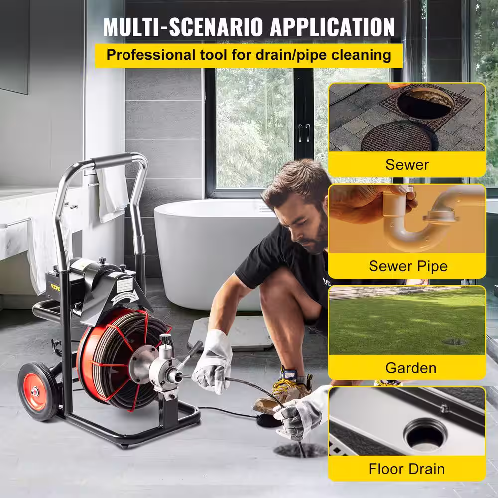 None Electric Drain Auger 75 ft. x 3/8 in. Drain Cleaner 370-Watt Auto Feed with Cutter Sewer Snake fit 1 in. to 4 in. Market