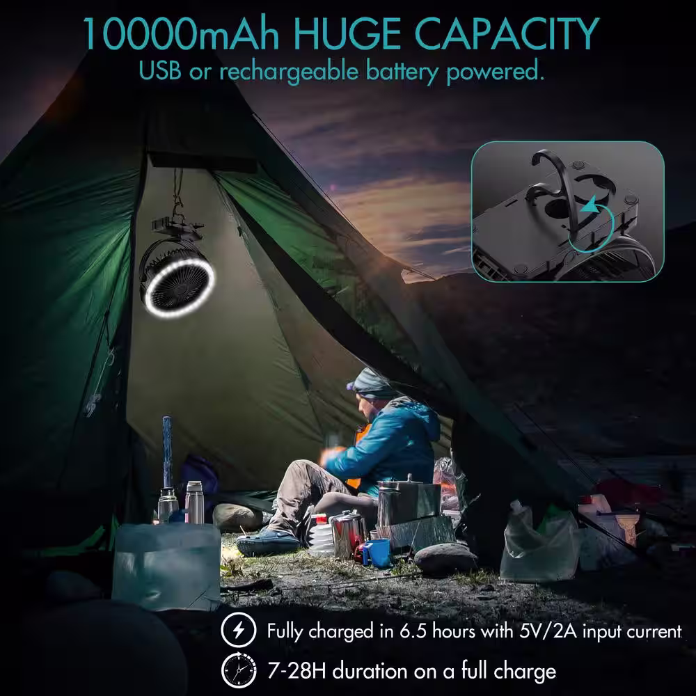 panergy 8 in. 10000mAh Rechargeable Battery Fan for Hanging or Tabletop Use, Portable USB Fan with LED for Tent Car Jobsite