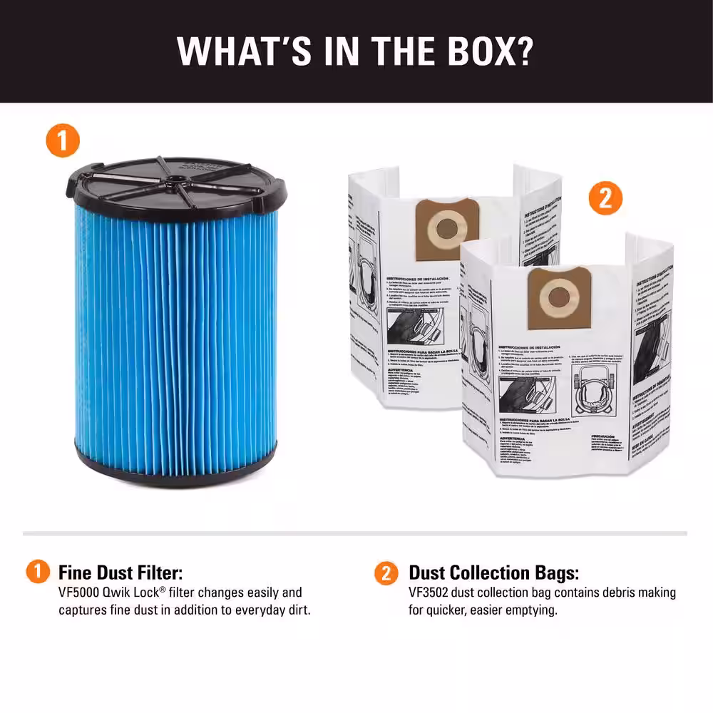 RIDGID Wet/Dry Vac Filter Kit with Fine Dust Cartridge Filter and Two Dust Bags for Select 12-16 Gallon RIDGID Shop Vacuums