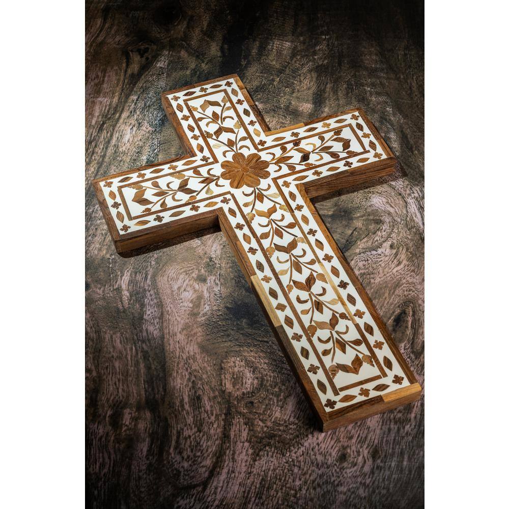 GAURI KOHLI Jodhpur Wood Inlay Wall Cross Decorative Sign