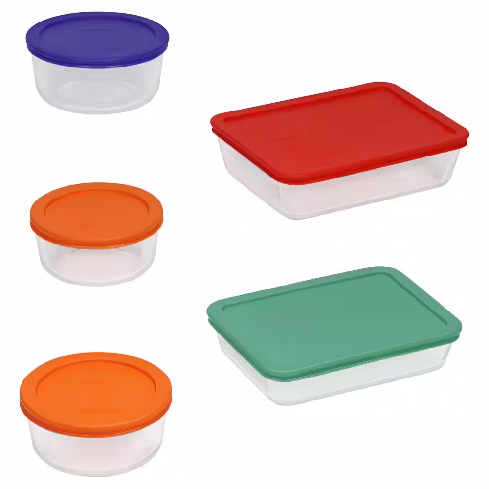 Pyrex Simply Store 10-Piece Glass Storage Set with Assorted Colored Lids
