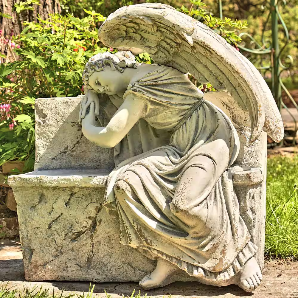 Zaer Ltd. International 35 in. Tall Magnesium Napping Angel On Bench Garden Statue Seraphina in Grey