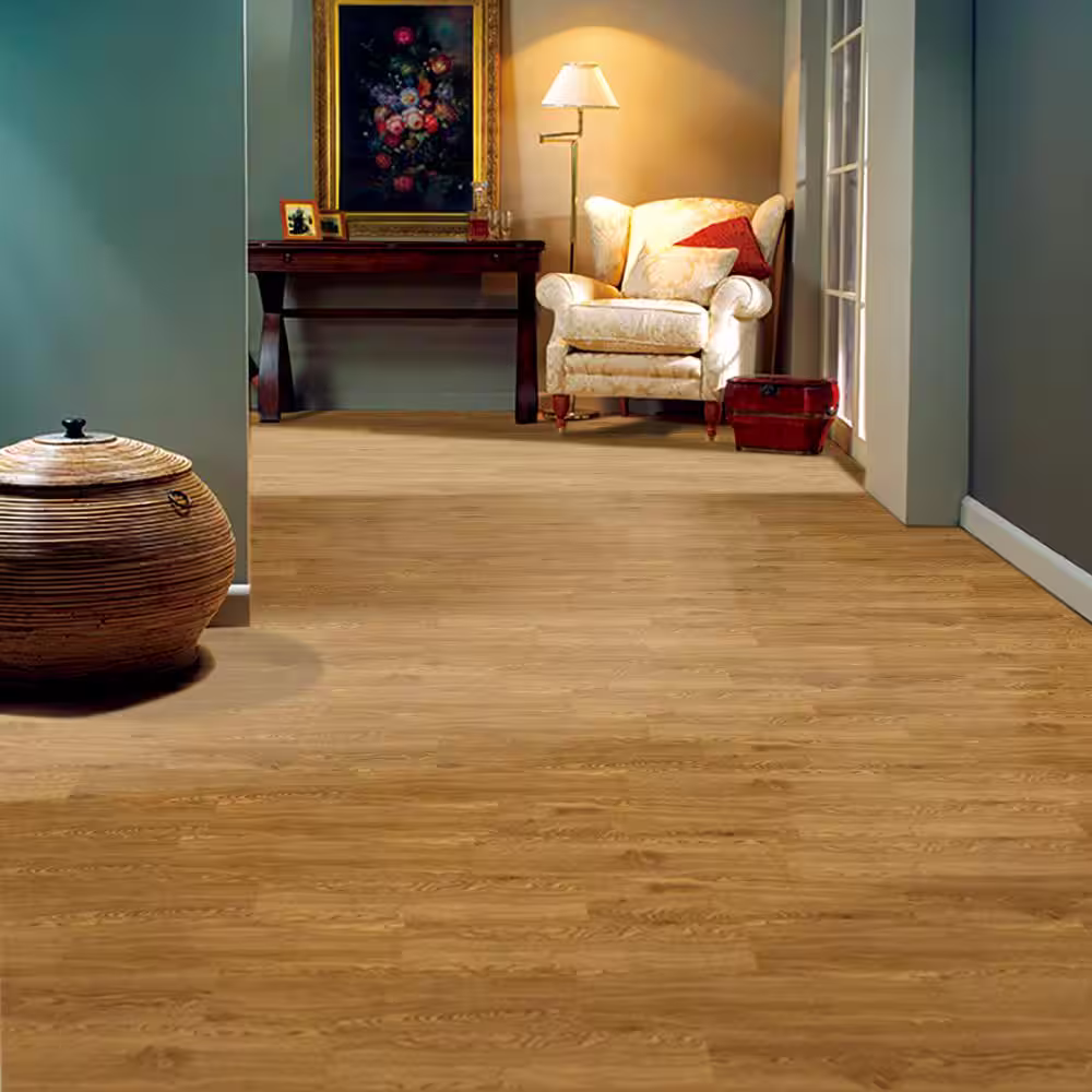 TrafficMaster Honey Oak 4 MIL x 6 in. W x 36 in. L Peel and Stick Water Resistant Luxury Vinyl Plank Flooring (36 sqft/case)