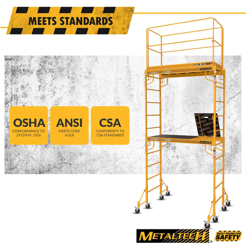 MetalTech Rolling Scaffolding Tower, Safeclimb 2-Story Baker Scaffolding with Outriggers, Guard Rail, Climb Through Platform