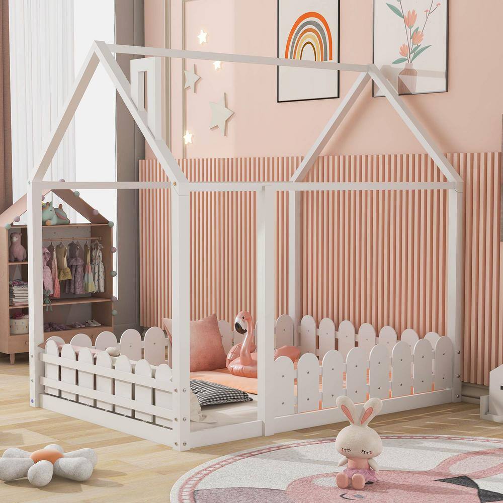 ANBAZAR Full Size White House Bed for Kids, Low Floor House Bed with Fence-Shaped Guardrails, Wood Kids House Full Bed Frame