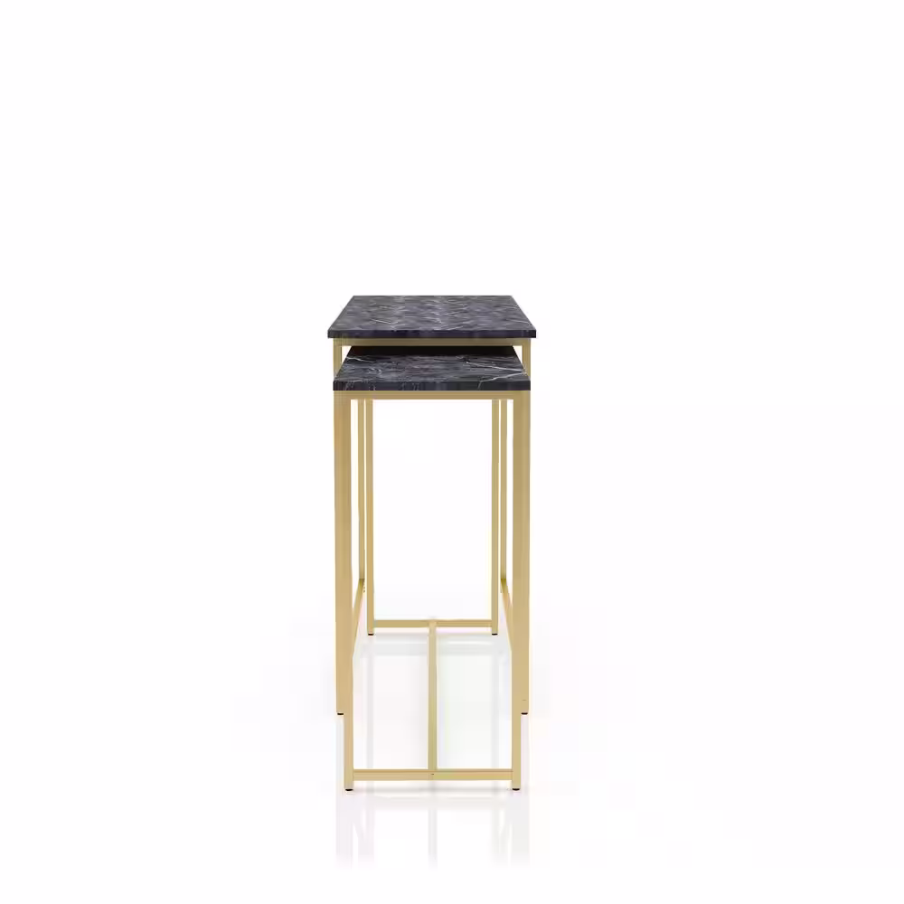 Furniture of America Auror 47.25 in. Gold Coating and Black Rectangle Faux Marble Nesting Console Table (Set of 2)