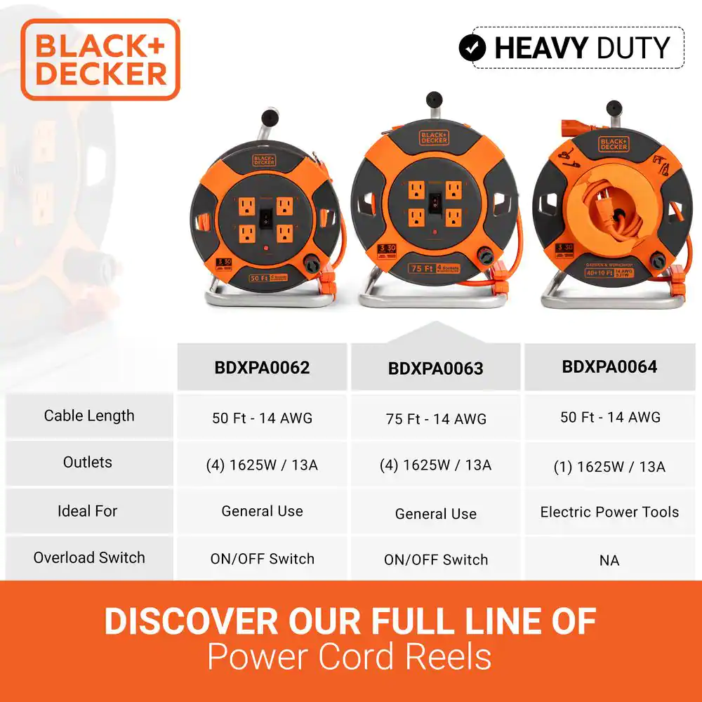 BLACK+DECKER 75 ft. 4 Outlets Retractable Extension Cord with 14 AWG SJTW Cable Outdoor Power Cord Reel