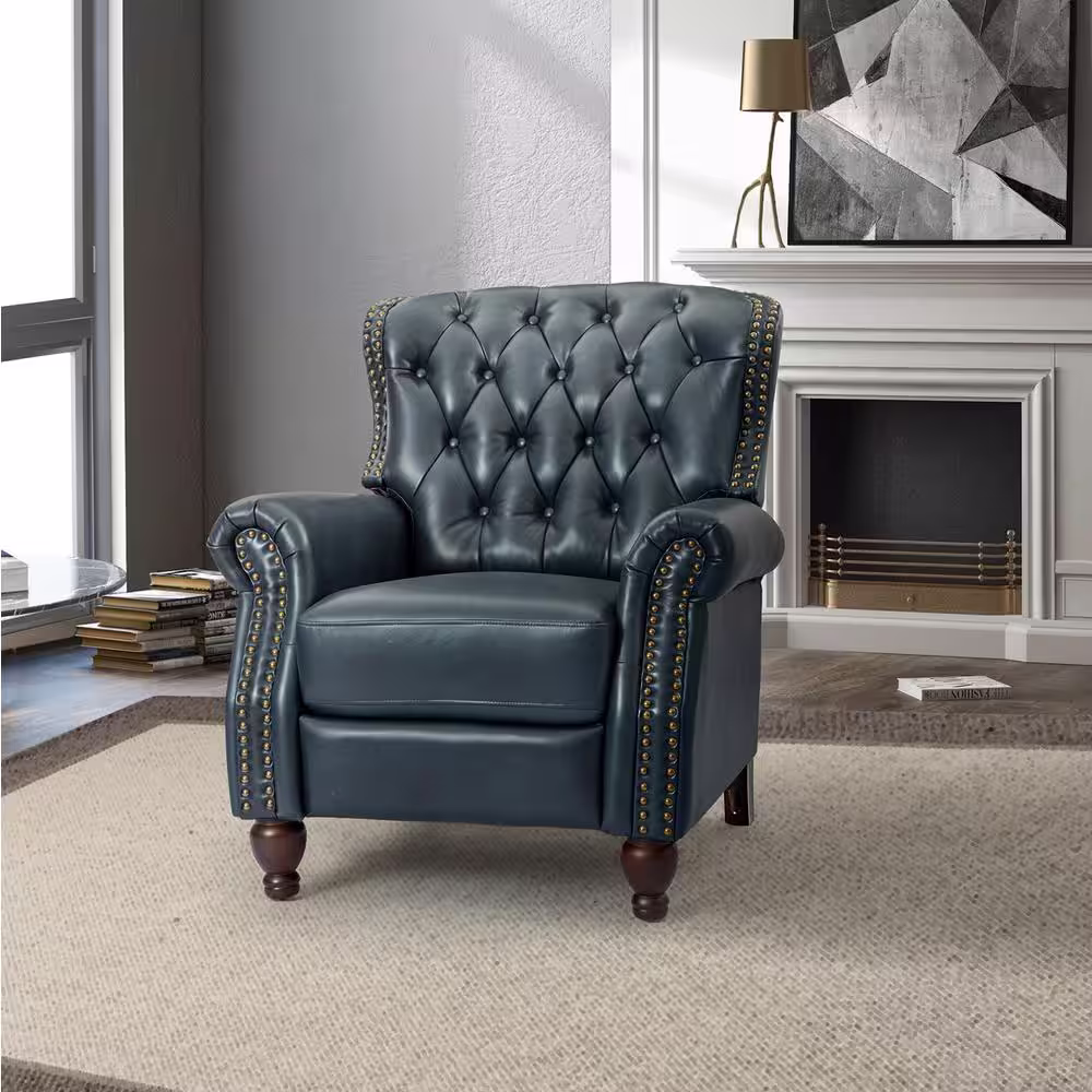 JAYDEN CREATION Isabel Navy Genuine Leather Recliner with Tufted Back and Rolled Arms