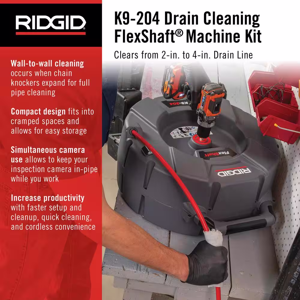 RIDGID K9-204 FlexShaft Wall-to-Wall Professional Drain Cleaning Machine, 5/16 in. x 70 ft. Designed for 2 in. - 4 in. Pipes