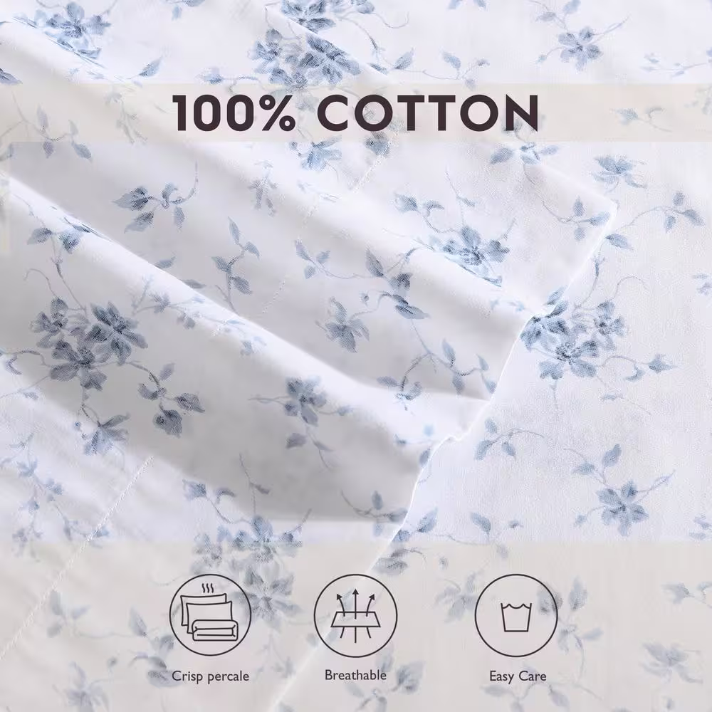 Laura Ashley Garden Muse 2-Piece Blue Cotton Standard Pillowcase Pair
