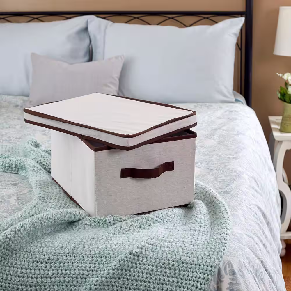 HOUSEHOLD ESSENTIALS 15 in. D x 8 in. H x 12 in. W Natural with Coffee Trim Canvas Cube Storage Bin