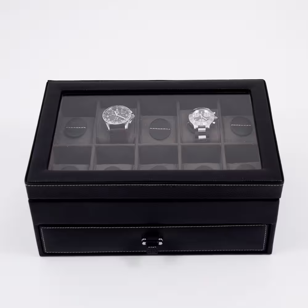 BEY-BERK Black Pebbled Leather 10-Watch Case with Glass See-Thru Top and Drawer for Cufflinks and Pens