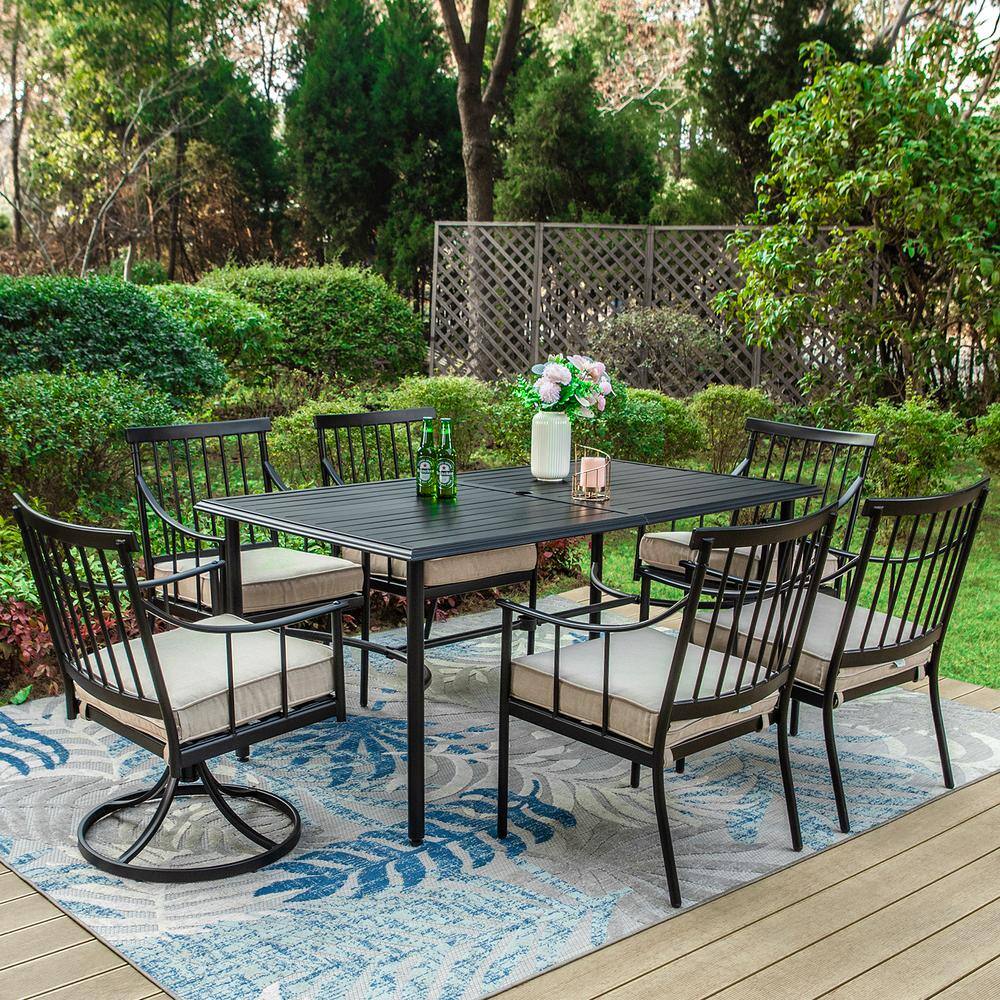 None Black 7-Piece Metal Patio Outdoor Dining Set with Slat Table-top and Swivel Chairs with Beige Cushion
