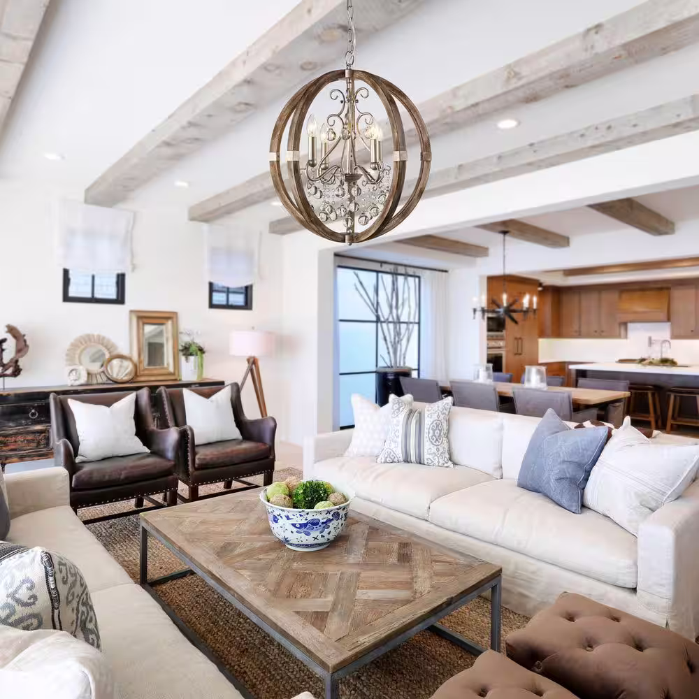 Flint Garden Farmhouse 4-Light Weathered Wood Orb Crystal Chandelier for Living Room, Dining Room