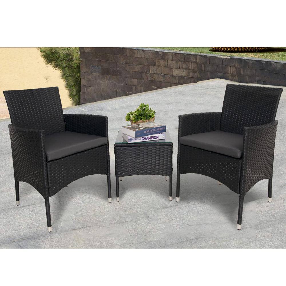 None Black 3-Piece Wicker Outdoor Bistro Set with Gray Cushions