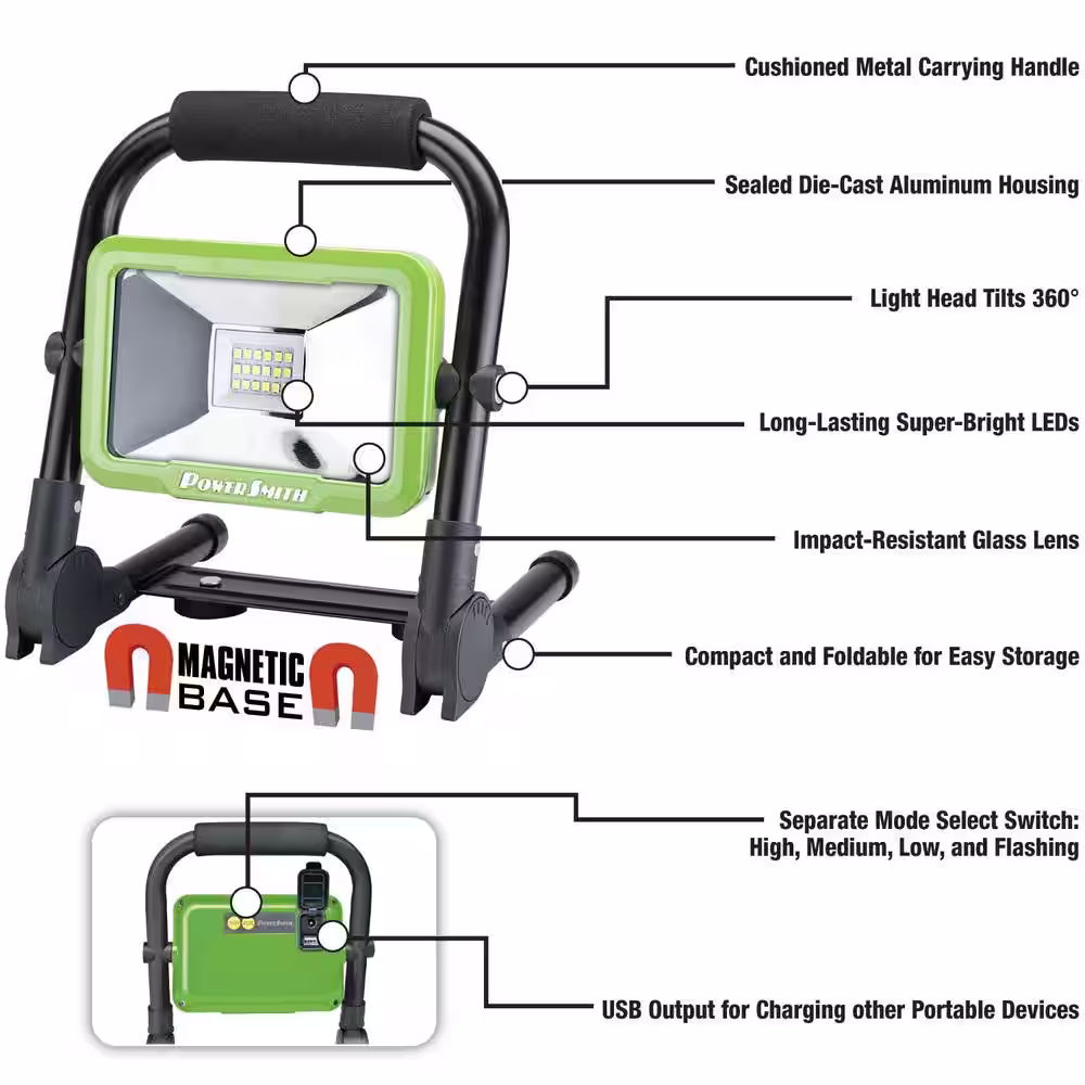PowerSmith 1200 Lumens Weatherproof Rechargeable Lithium-ion Foldable LED Work Light with Magnetic Stand and USB Charger