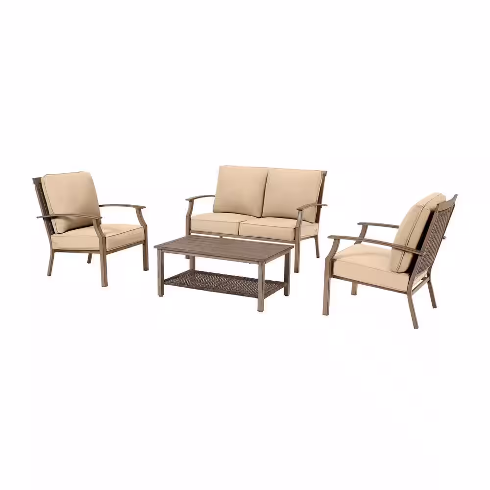 Hampton Bay Geneva 4-Piece Wicker Outdoor Patio Conversation Deep Seating Set with Sunbrella Beige Tan Cushions