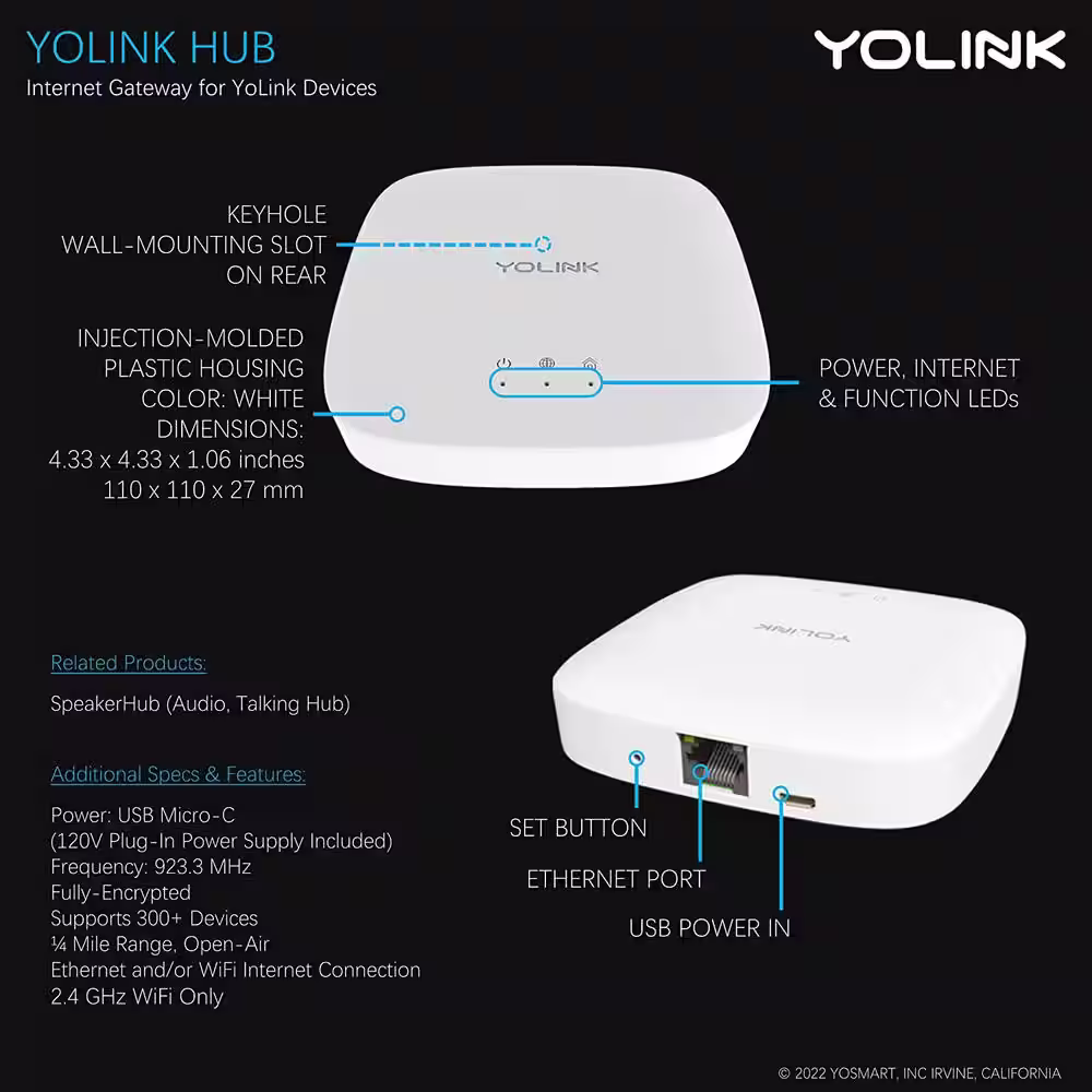 YoLink Hub Central Controller Only for Smart Home Devices, 1/4 Mile Range Smart Hub LoRa Enabled Smart Home Automation Hub