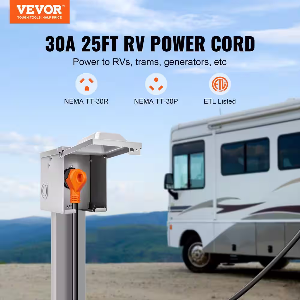 VEVOR Generator Power Cord 25 ft. 30 Amp RV Extension Cord 10*3AWG 125V NEMA TT-30R/NEMA TT-30P ETL Listed with Adapter Black