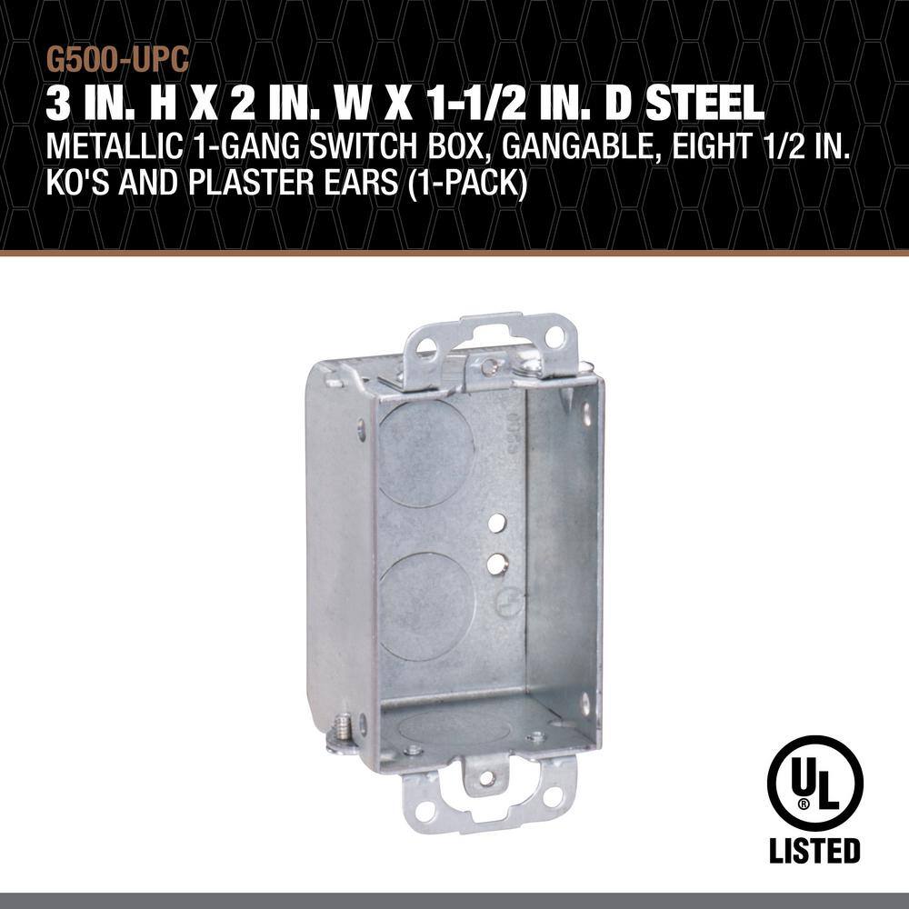 Southwire 3 in. H x 2 in. W x 1-1/2 in. D Steel Metallic 1-Gang Switch Box, Gangable, Eight 1/2 in. KO's and Plaster Ears, 1-Pack