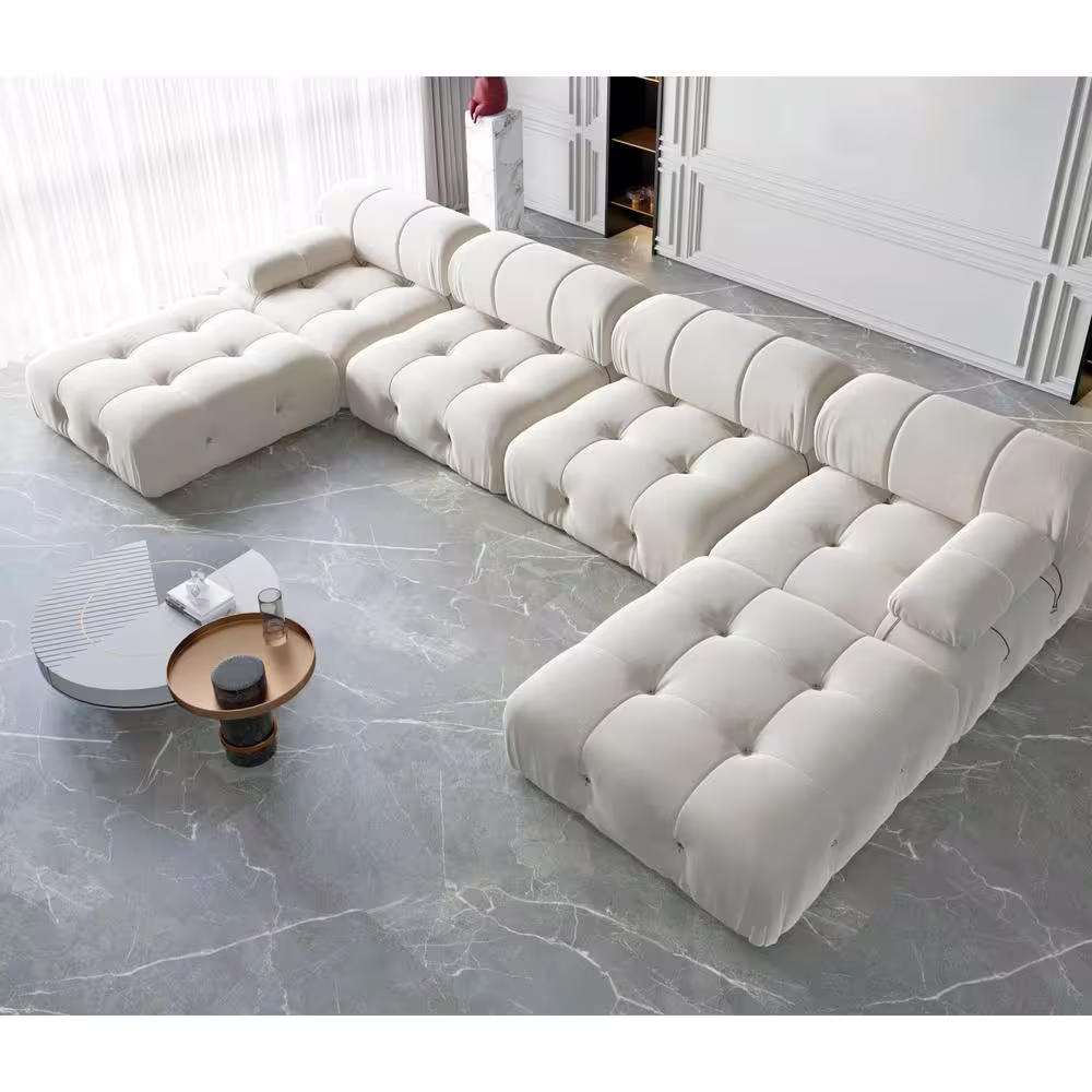Magic Home 138.6 in. Convertible Modular Minimalist Sofa Free Combination U-Shaped 6 Seater Velvet Sectional with Ottomans, Beige