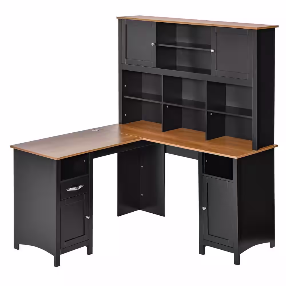 HOMCOM 58 in. L-Shaped Black MDF 1-Drawer Corner Computer Desk with Hutch with Storage Cabinets, Shelves