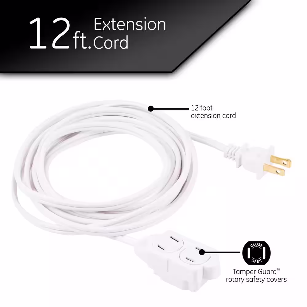 GE 12 ft. 16/3 3-Outlet Polarized Extension Cord, White