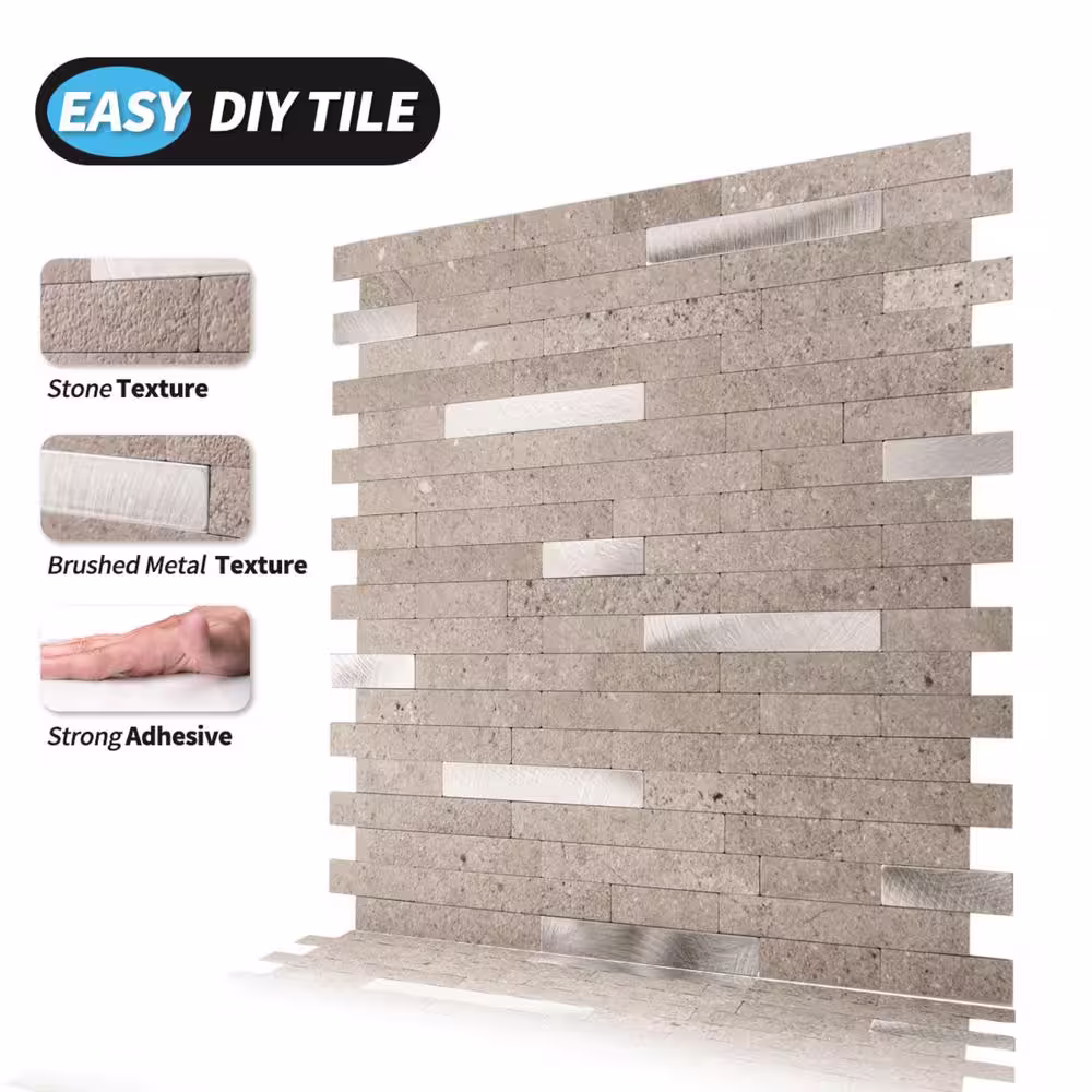 Art3d Grey 11.5 in. x 11.5 in. Rectangle Metal Peel and Stick Backsplash Tile (4.6 sq. ft./Pack)