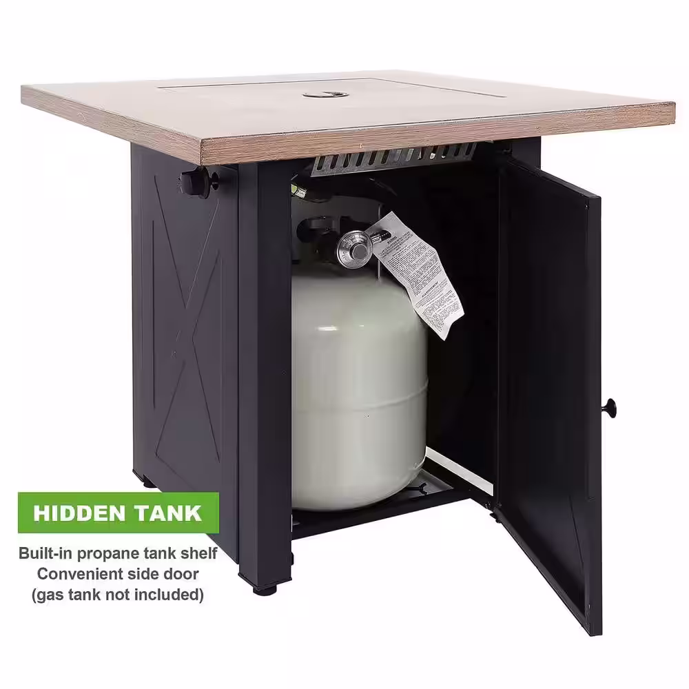 Tatayosi 28 in. Bionic Wood Grain Lid Square Steel Outdoor Propane Fire Pit Table, 48,000 BTU