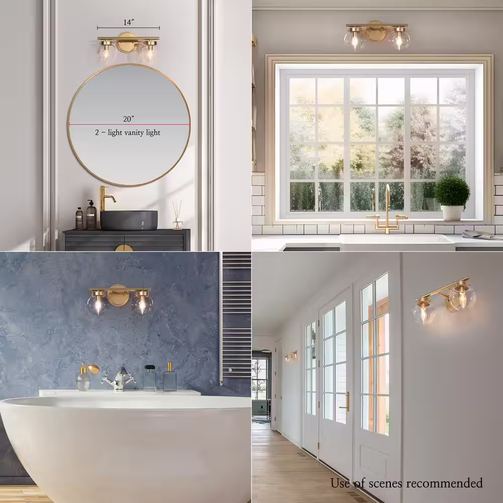 Uolfin Modern Light Gold Bathroom Vanity Light 14.2 in. W 2-Light Powder Room Wall Light with Globe Clear Glass Shades