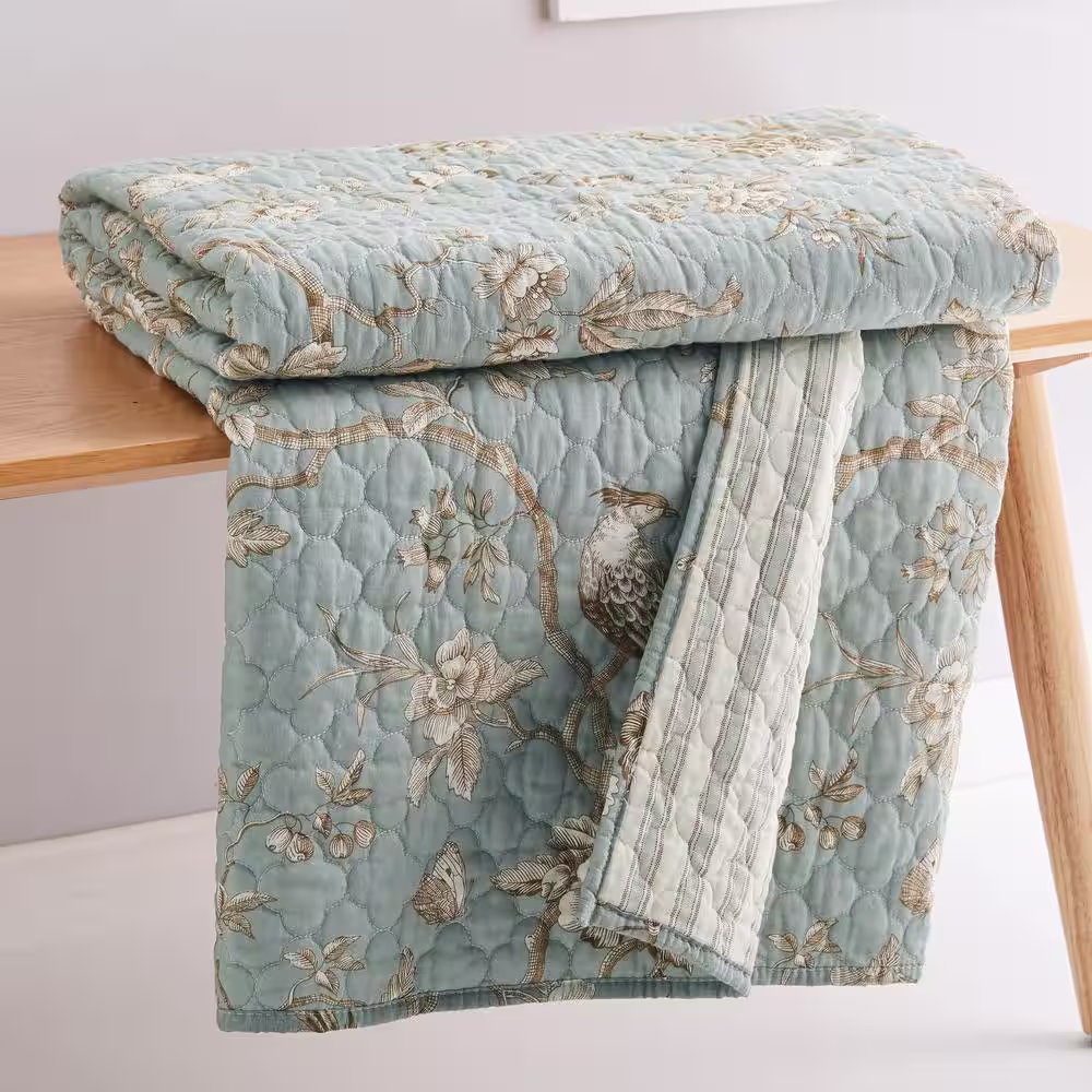 None Lyon Teal, Brown, Cream Floral Toile Quilted Cotton Throw Blanket