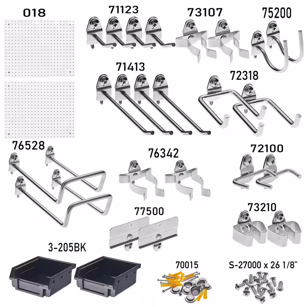 Triton Products 18 in. H x 22 in. W White Poly Wall Kit Pegboard Set with Hooks DuraBoard Mounting Kit and Bin Systems (84-Piece)