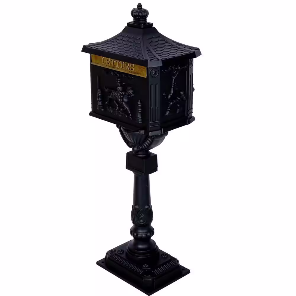 None Cast Aluminum Outdoor Mail Box, Patio Garden Decor Postal Box, Black (16.5 in. x 11.5 in. x 45.5 in.)