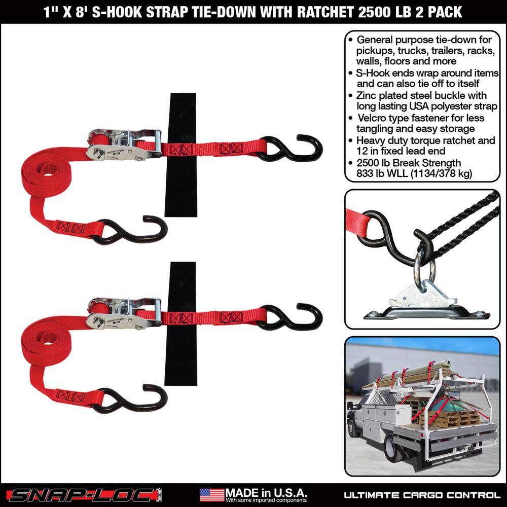 SNAP-LOC 8 ft. x 1 in. S-Hook Ratchet Strap with Hook and Loop Storage Fastener in Red (2-Pack)