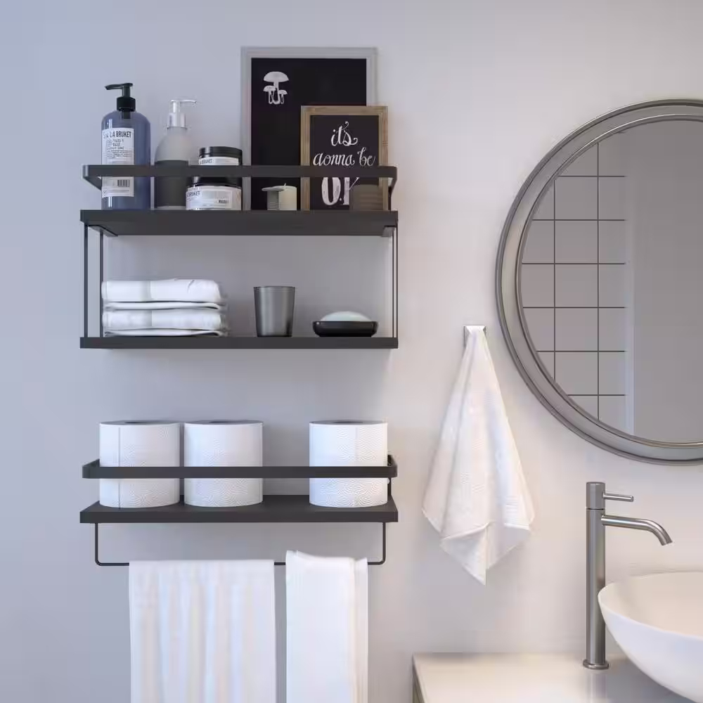 None 16 in. W x 5.7 in. D Black Wood Decorative Wall Shelf, Wall Mounted Floating Shelves (Set of 2)