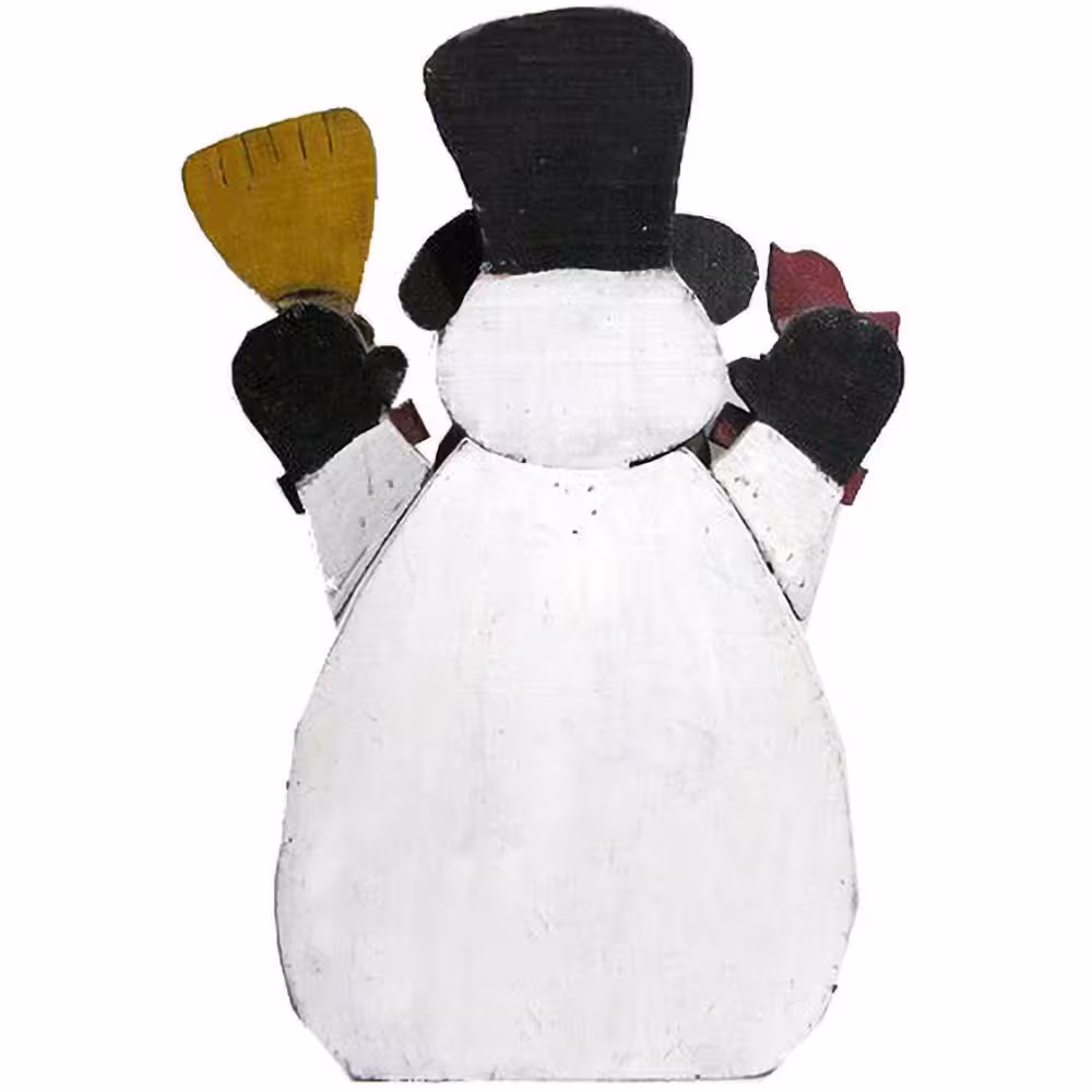 None Wooden Snowman with Broom Garden Statue