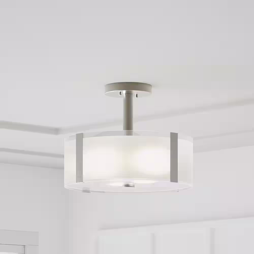 Home Decorators Collection Bourland 14 in. 3-Light Polished Chrome Semi-Flush Mount Ceiling Light Fixture with White and Clear Glass Double Shade