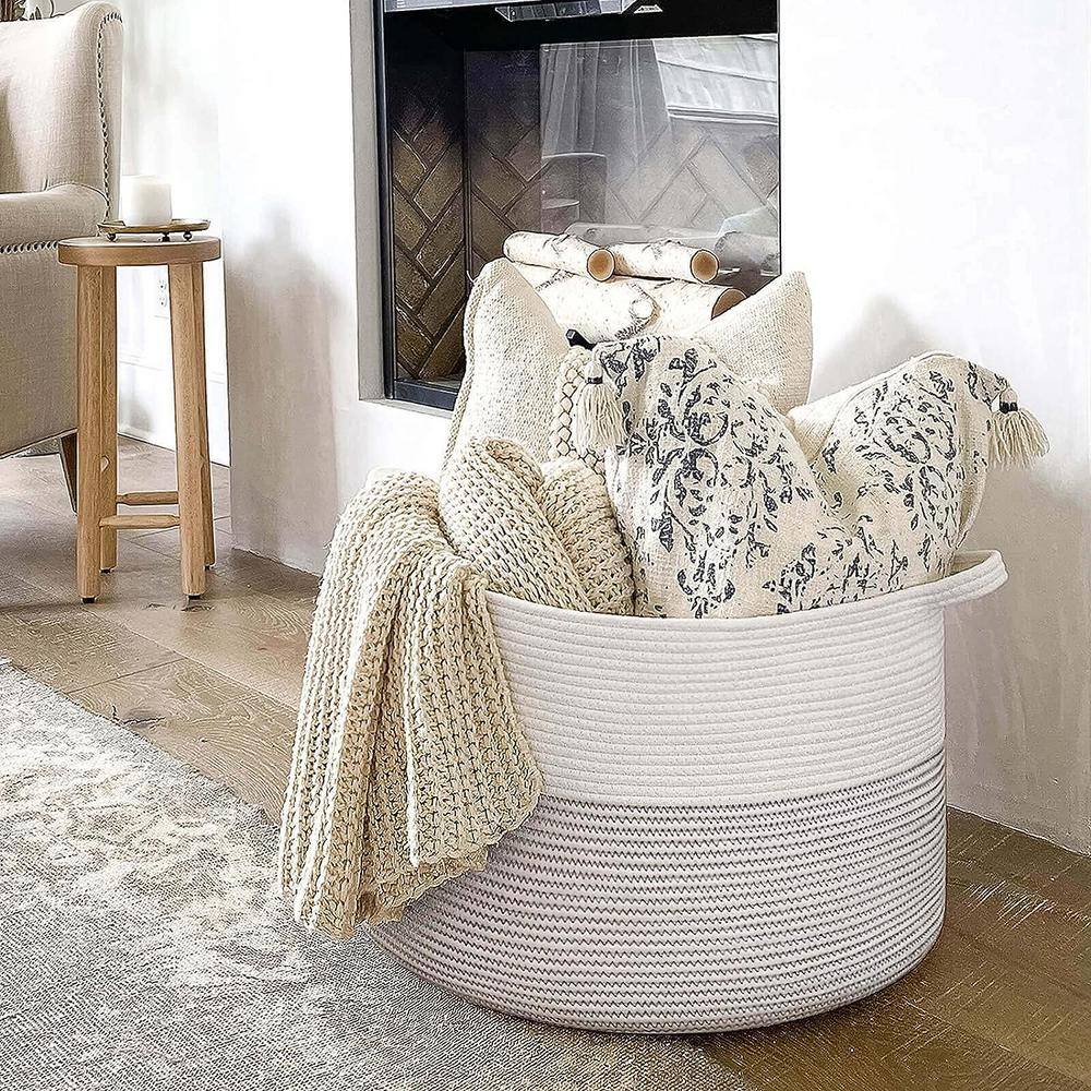 None Cotton Rope Basket, 21.7 in. x 21.7 in. x 13.8 in. White Woven Baby Laundry Basket for Blankets