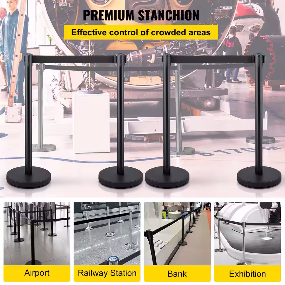 VEVOR Crowd Control Stanchion Set of 4 Pieces 6.6 ft. Black Retractable Belt Steel Stanchion Post with Metal Base, Black
