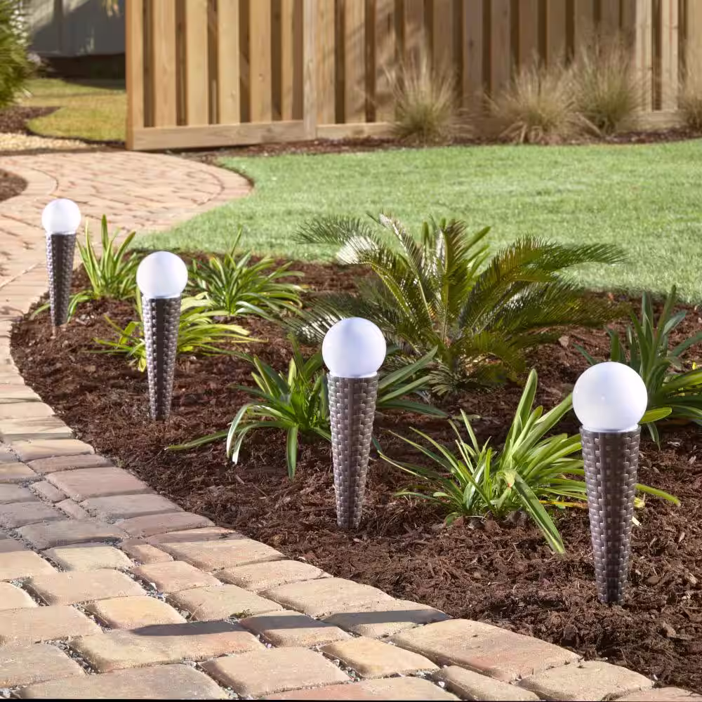 Smart Solar Pella Solar Brown Wicker Base with Frosted Globe Outdoor Landscape Integrated LED Pathway Light Set (4-Pack)