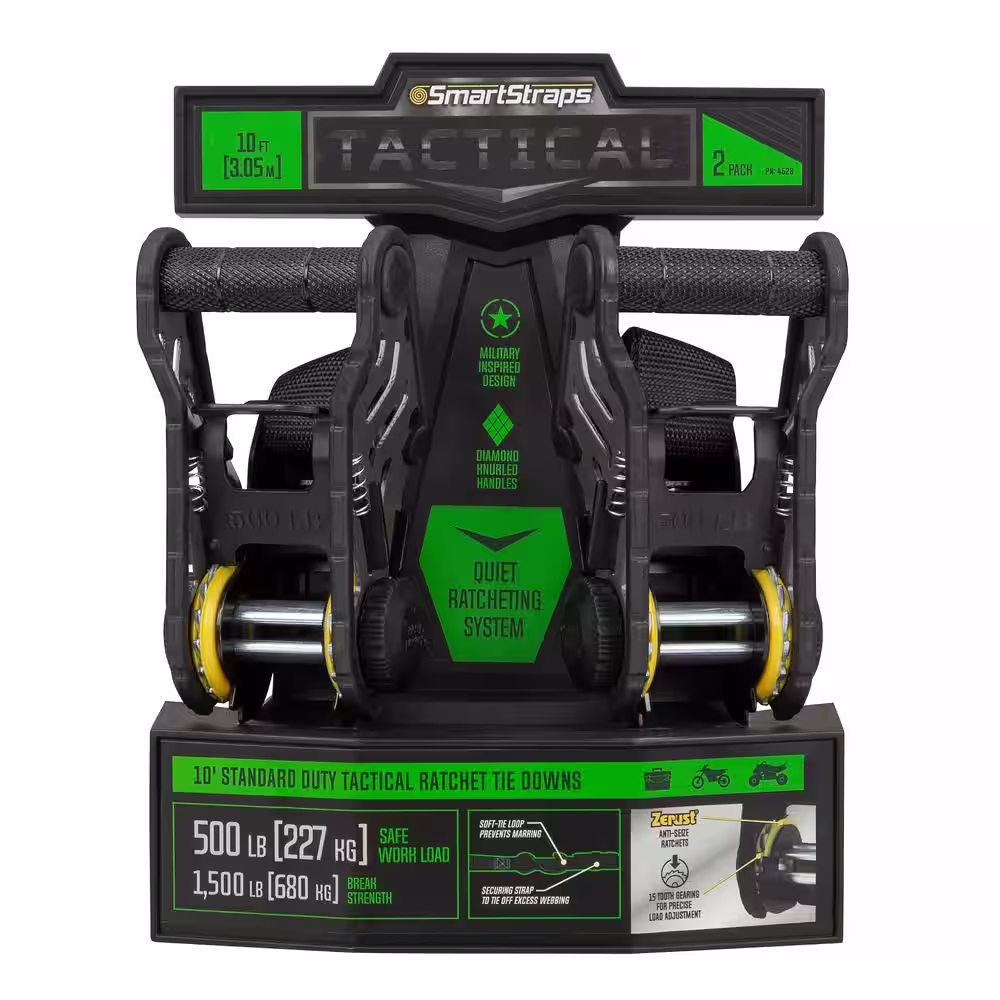 SmartStraps 10 ft. Green Tactical Ratchet Tie Down Straps with 500 lb. Safe Work Load - 2 pack
