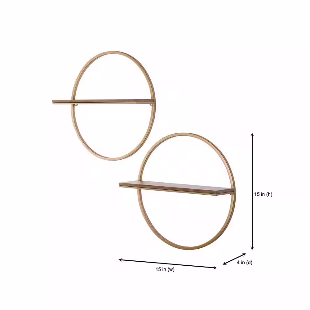 StyleWell 15 in. H x 15 in. W x 4 in. D Wood and Gold Metal Wall-Mount Round Floating Shelf (Set of 2)