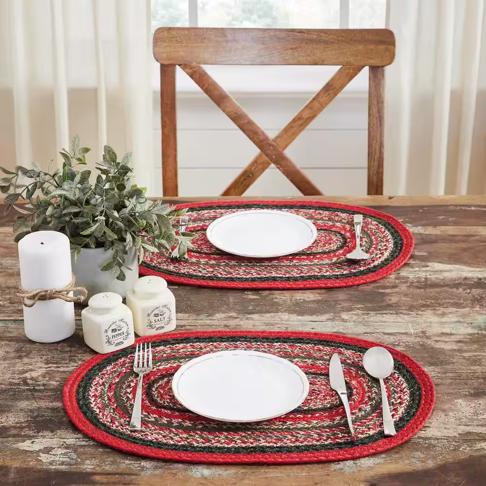 VHC Brands Forrester Indoor/Outdoor 13 in. x 19 in. Red Green Cream Oval PET Placemat