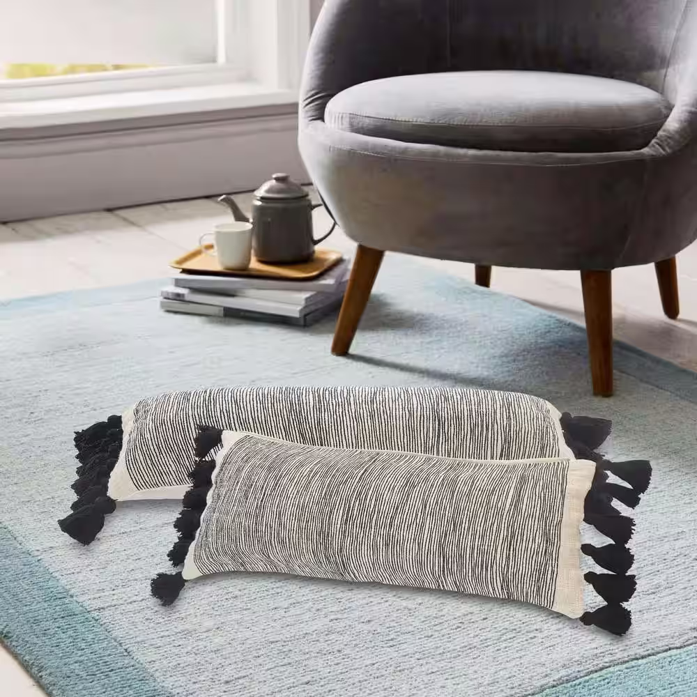 LR Home Distressed Gray and Black Tied Fringes Fondle Poly-fill 28 in. x 12 in. Throw Pillow