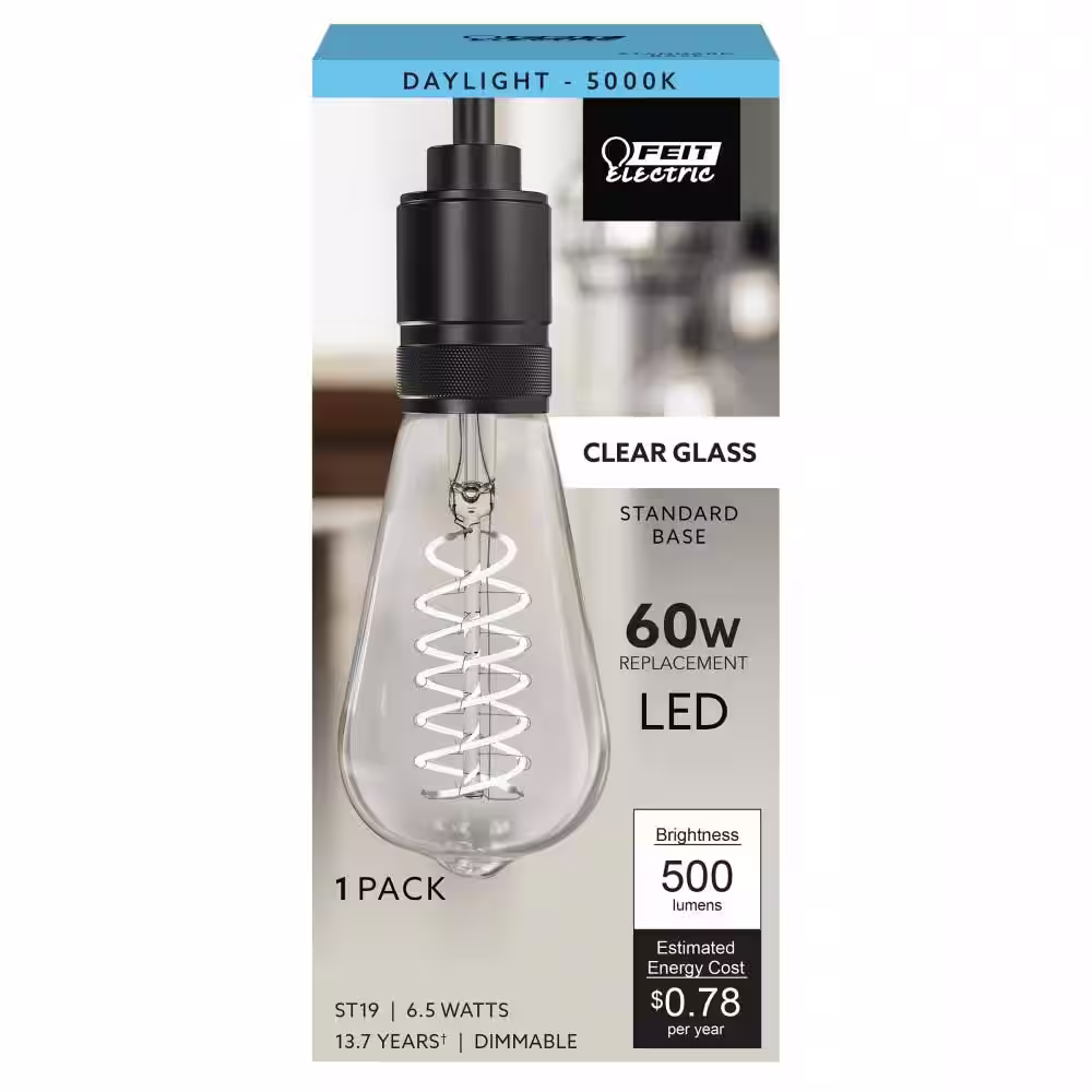 Feit Electric 60-Watt Equivalent ST19 Dimmable Spiral Filament Clear Glass E26 Vintage Edison LED Light Bulb, Daylight