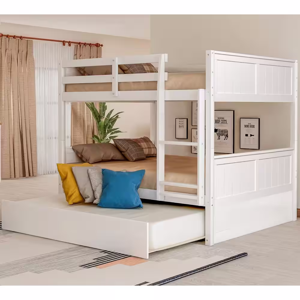 GOSALMON White Full Over Full Bunk Bed with Twin Size Trundle