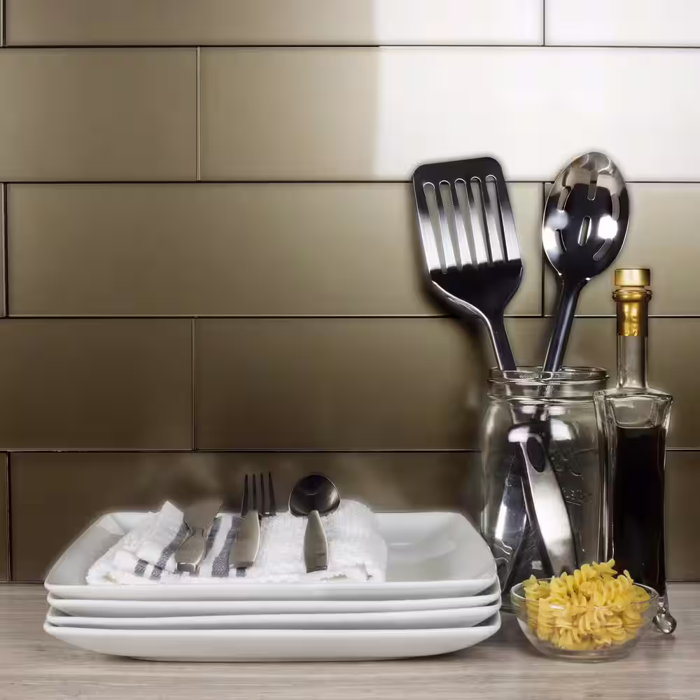ABOLOS Transitional Design Style Matte Bronze Subway 4 in. x 16 in. Frosted Glass Backsplash Wall Tile (0.444 sq. ft./Piece)