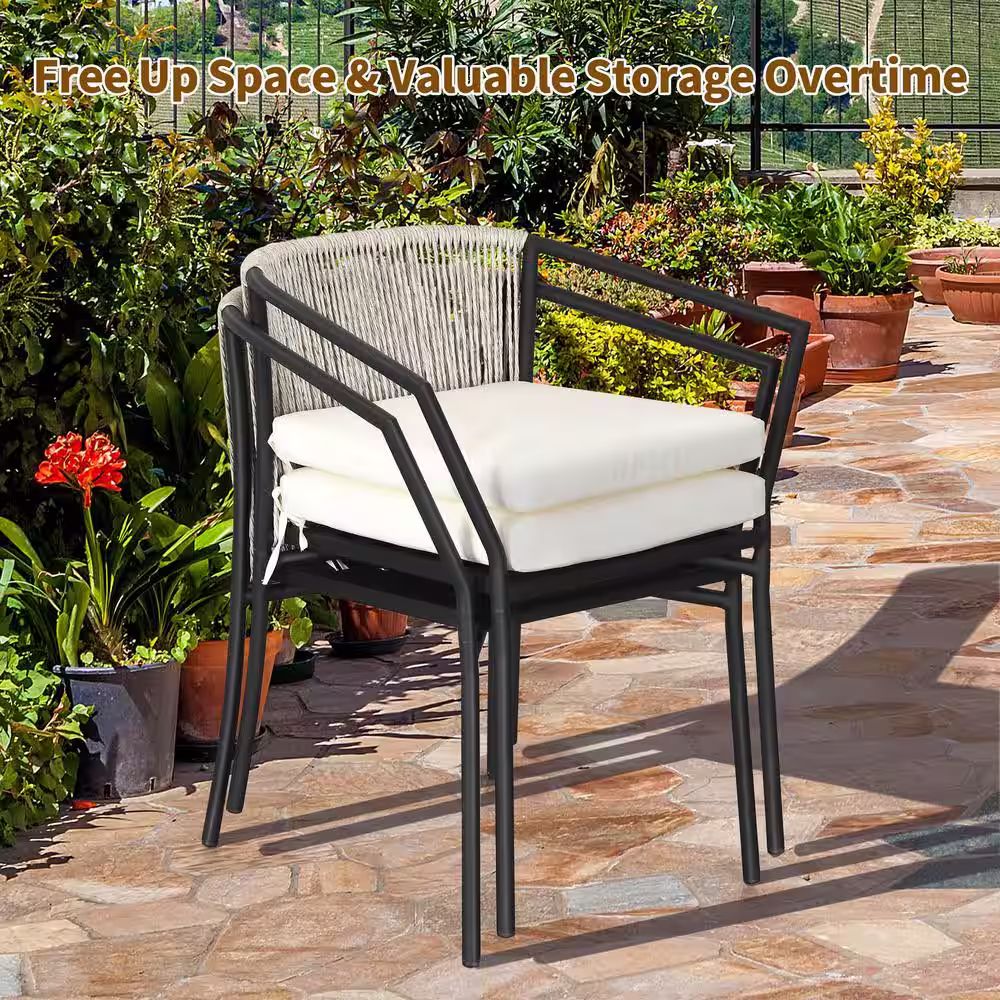 DEXTRUS 3-Piece Grey Wicker Stackable Outdoor Bistro Set with Coffee Table and Beige Cushions