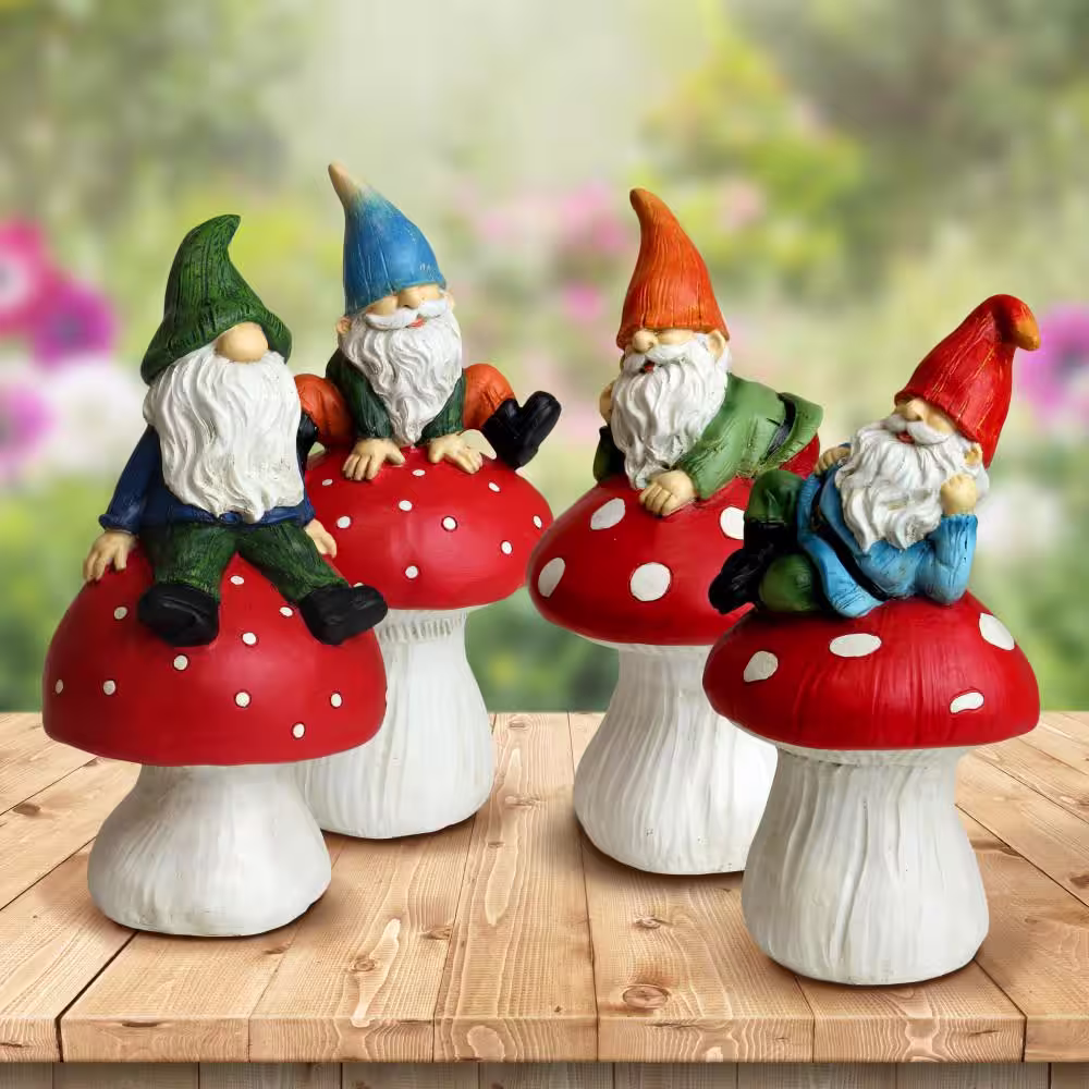 Exhart Can't See Hat on Mushrooms, 4.3 in. x 7 in. Gnomes Garden Statue (4-Pack)